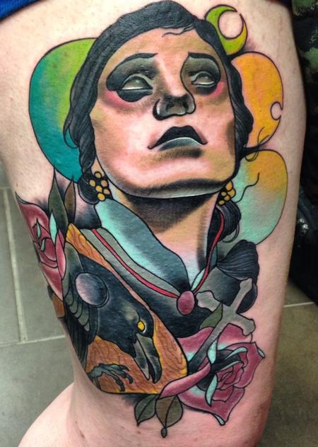 Tattoos - traditional evil girl with crow planchett and roses. Art Junkies Tattoo Gary Dunn - 91189
